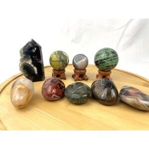 2 LB Natural Quartz Raw Edge Sphere Polished Stone Mixed Lot 7x Fluorite Geode